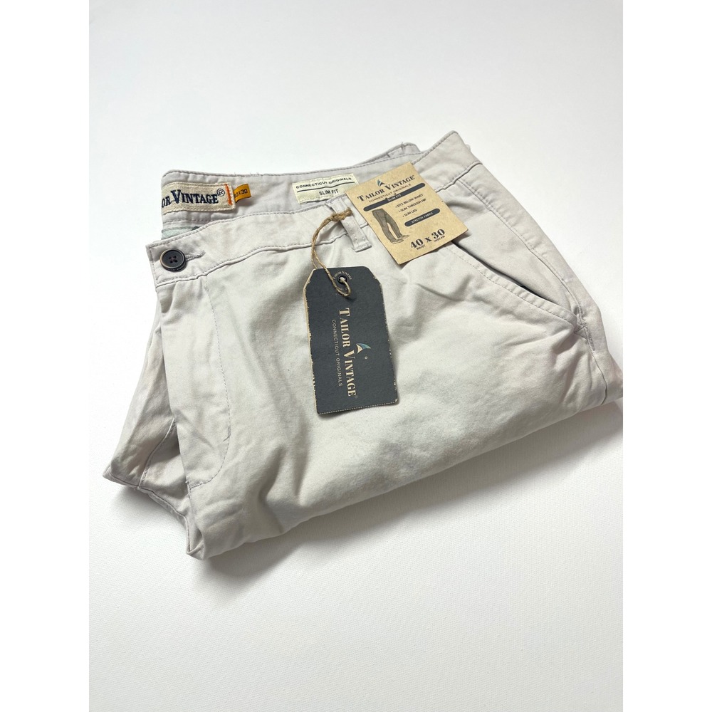 Tailor Vintage Mens Slim Fit Chino Pants Stone Grey Stretch 40x30 New 0328